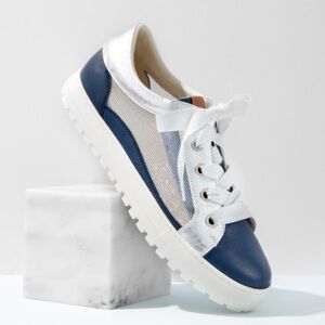 Ron White Leather & Mesh Lace-Up Sneakers Silver Navy Size EU 38